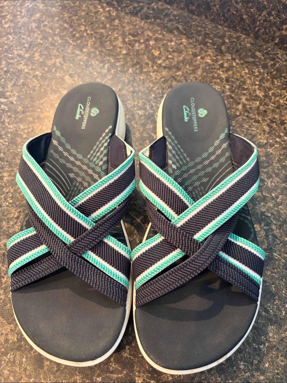 Clarks Cloud Stepper Navy and Teal Crisscross Slide Sandals